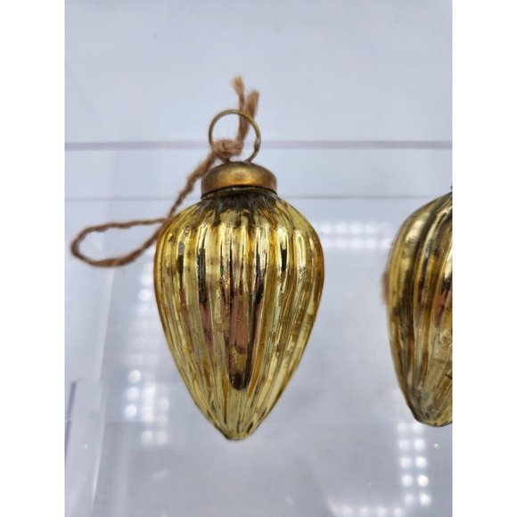 2 Vintage Kugel Style Gold Ribbed Mercury Glass Christmas Holiday Ornaments - Picture 2 of 7
